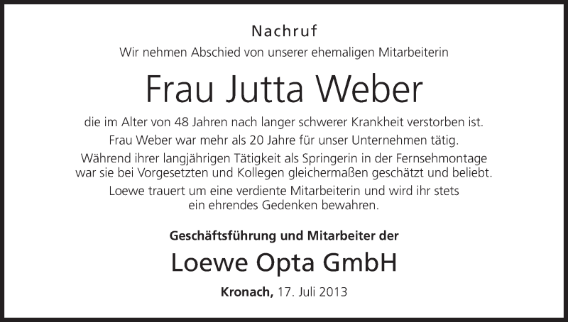  Traueranzeige für Jutta Weber vom 17.07.2013 aus MGO