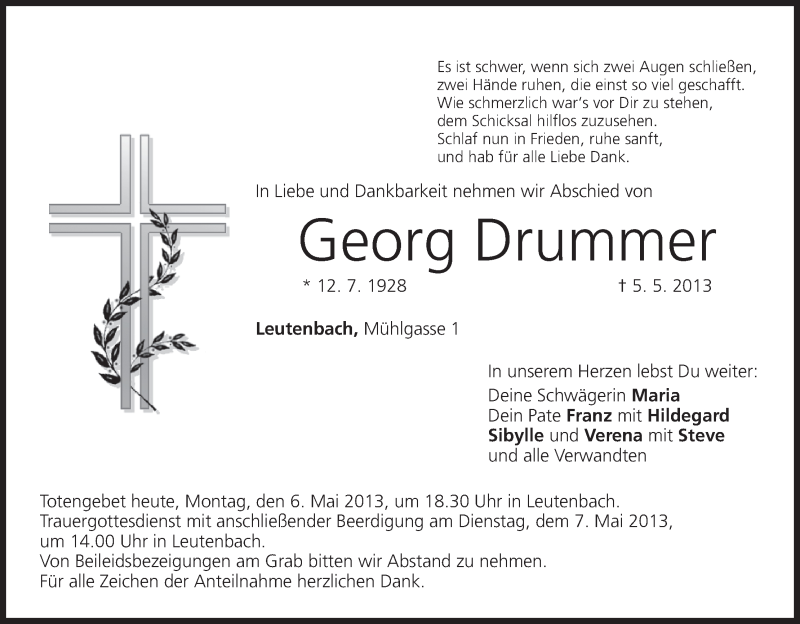  Traueranzeige für Georg Drummer vom 06.05.2013 aus MGO