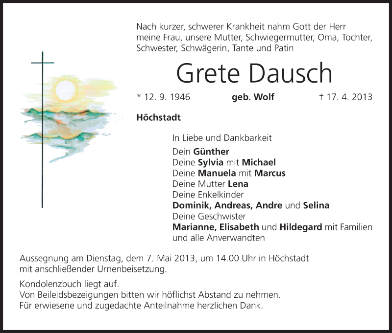  Traueranzeige für Grete Dausch vom 04.05.2013 aus MGO