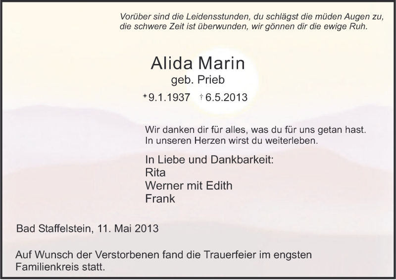  Traueranzeige für Alida Marin vom 11.05.2013 aus MGO