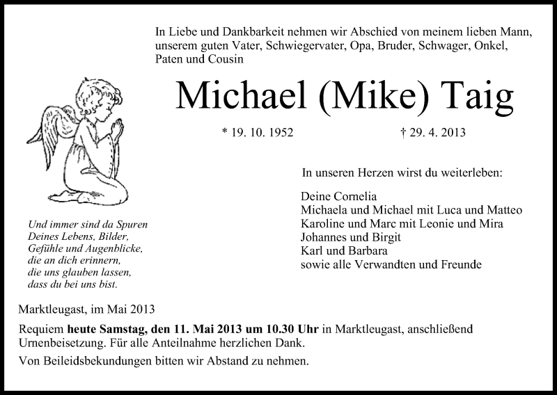  Traueranzeige für Michael Taig vom 11.05.2013 aus MGO