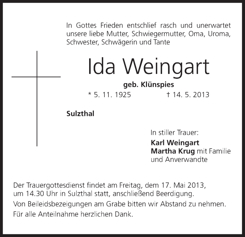  Traueranzeige für Ida Weingart vom 16.05.2013 aus MGO