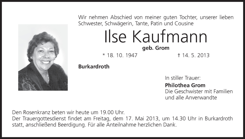 Traueranzeige für Ilse Kaufmann vom 16.05.2013 aus MGO