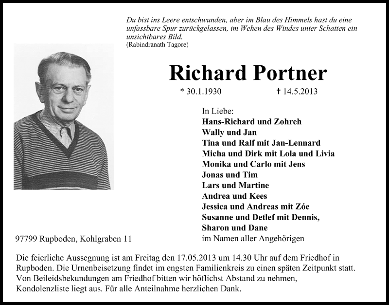  Traueranzeige für Richard Portner vom 16.05.2013 aus MGO