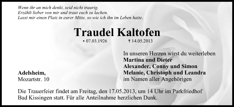  Traueranzeige für Traudel Kaltofen vom 16.05.2013 aus MGO
