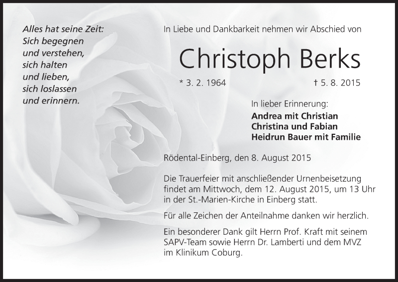  Traueranzeige für Christoph Berks vom 08.08.2015 aus MGO