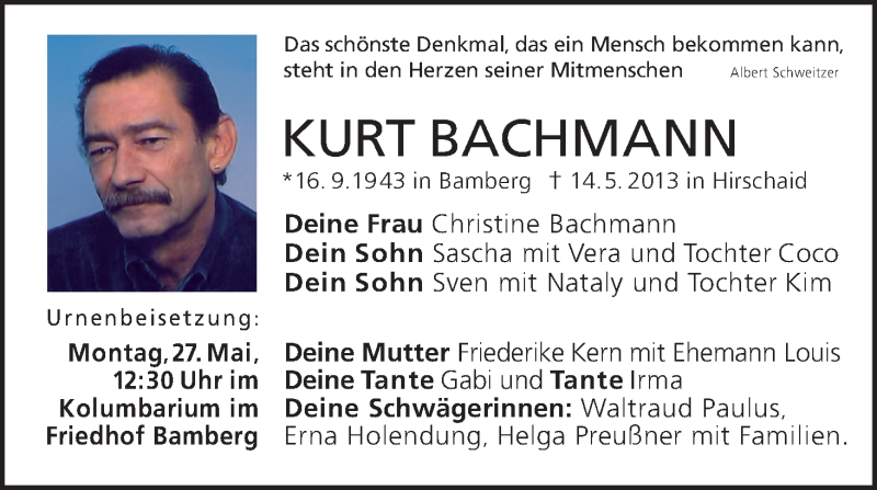  Traueranzeige für Kurt Bachmann vom 18.05.2013 aus MGO