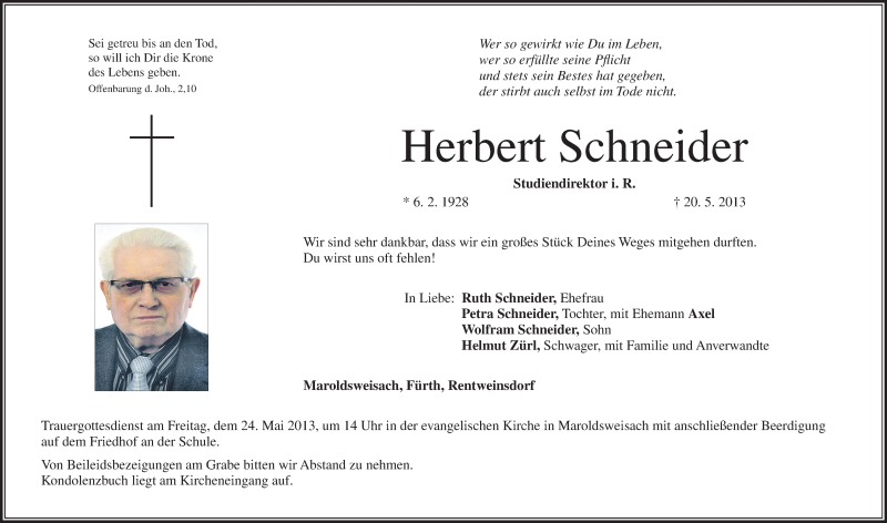  Traueranzeige für Herbert Schneider vom 22.05.2013 aus MGO