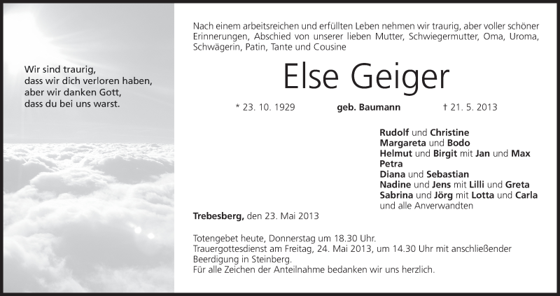  Traueranzeige für Else Geiger vom 23.05.2013 aus MGO