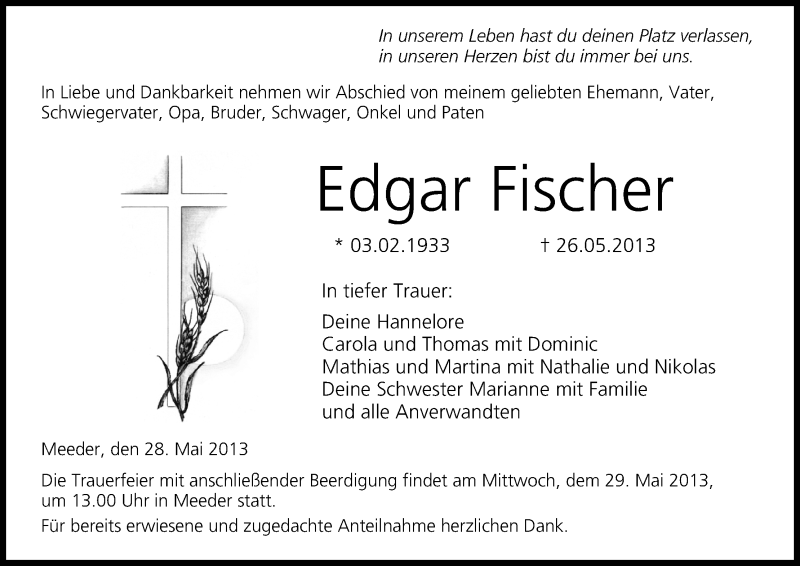  Traueranzeige für Edgar Fischer vom 28.05.2013 aus MGO