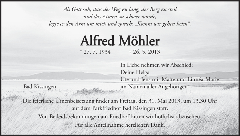  Traueranzeige für Alfred Möhler vom 28.05.2013 aus MGO