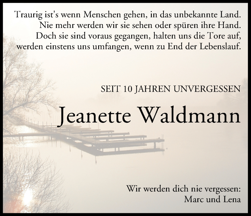  Traueranzeige für Jeanette Waldmann vom 01.06.2013 aus MGO