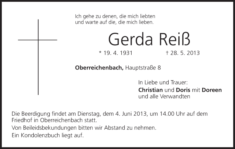  Traueranzeige für Gerda Reiß vom 01.06.2013 aus MGO