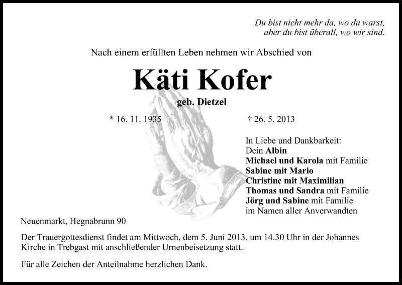  Traueranzeige für Käti Kofer vom 03.06.2013 aus MGO