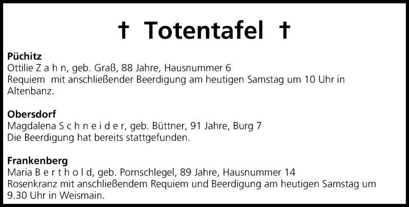  Traueranzeige für Totentafel vom 01.06.2013 vom 01.06.2013 aus MGO