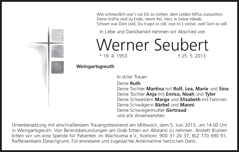  Traueranzeige für Werner Seubert vom 01.06.2013 aus MGO