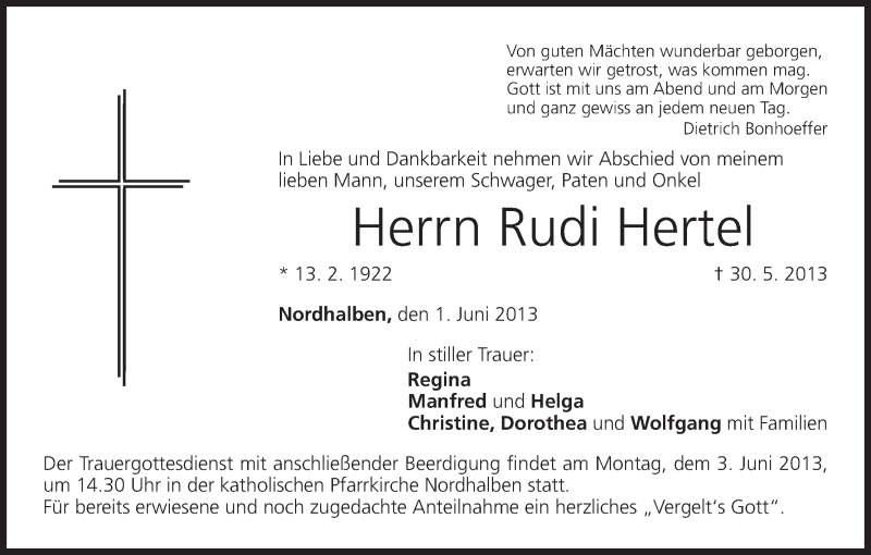  Traueranzeige für Rudi Hertel vom 01.06.2013 aus MGO
