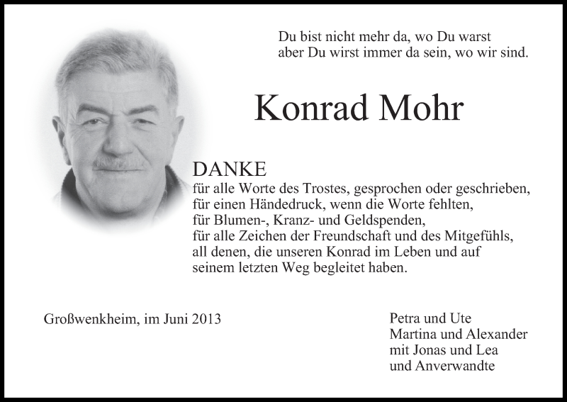  Traueranzeige für Konrad Mohr vom 05.06.2013 aus MGO