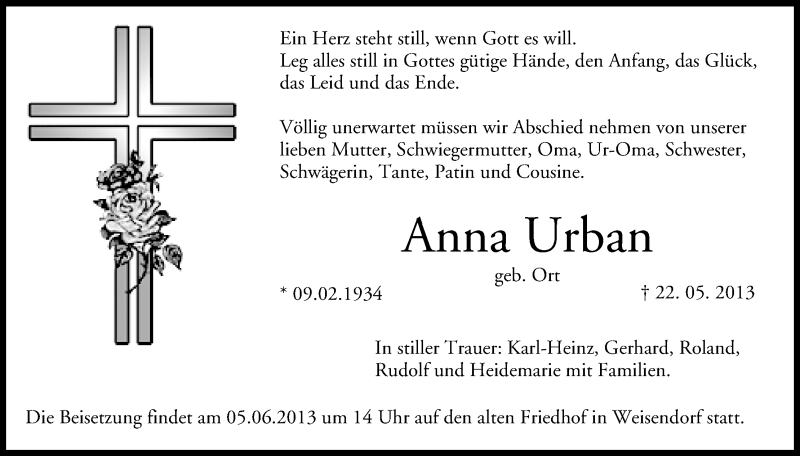  Traueranzeige für Anna Urban vom 03.06.2013 aus MGO