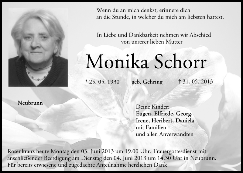  Traueranzeige für Monika Schorr vom 03.06.2013 aus MGO
