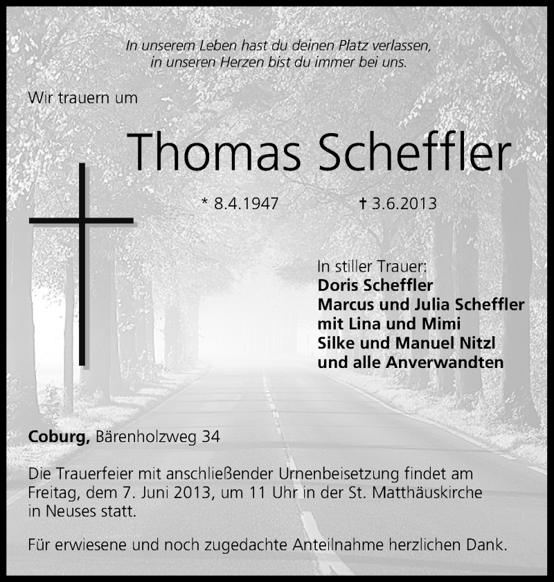  Traueranzeige für Thomas Scheffler vom 05.06.2013 aus MGO
