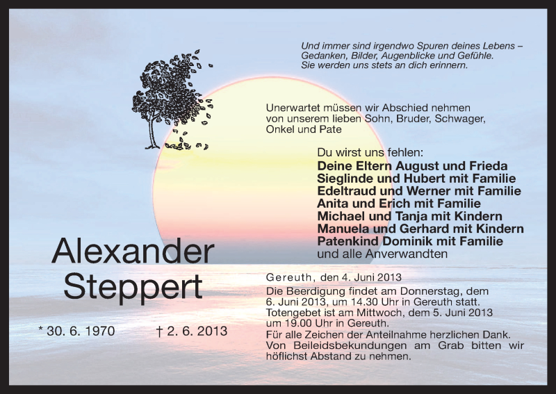  Traueranzeige für Alexander Steppert vom 04.06.2013 aus MGO