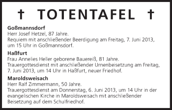 Anzeige von Totentafel vom 06.06.2013 von MGO