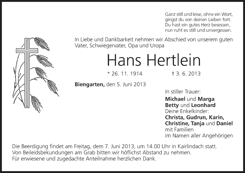  Traueranzeige für Hans Hertlein vom 05.06.2013 aus MGO