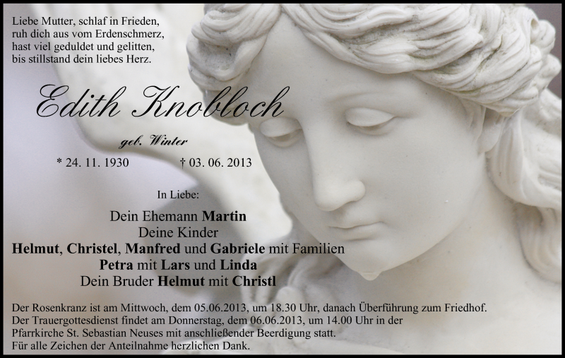  Traueranzeige für Edith Knobloch vom 05.06.2013 aus MGO