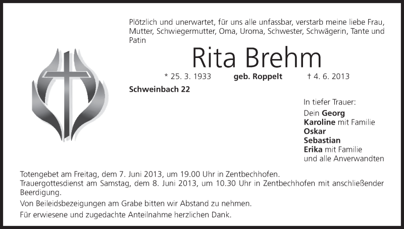  Traueranzeige für Rita Brehm vom 06.06.2013 aus MGO