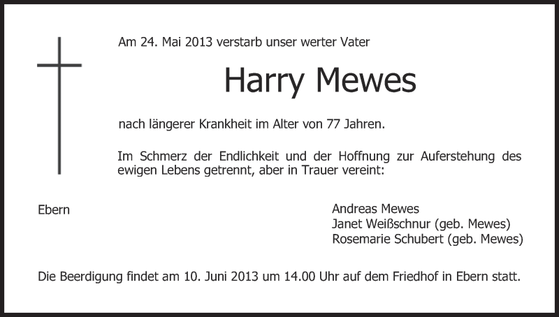  Traueranzeige für Harry Mewes vom 06.06.2013 aus MGO