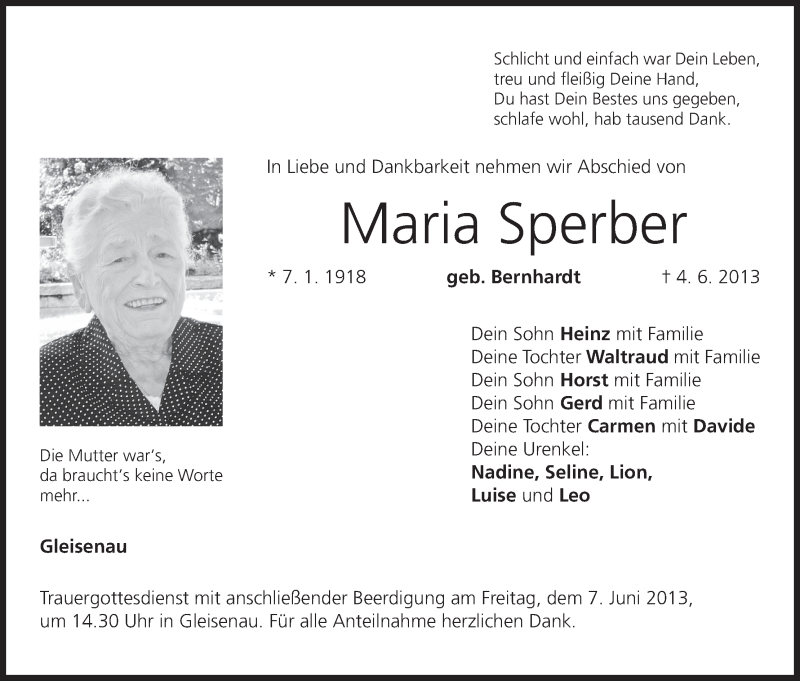 Traueranzeige für Maria Sperber vom 06.06.2013 aus MGO