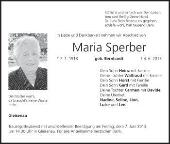 Anzeige von Maria Sperber von MGO