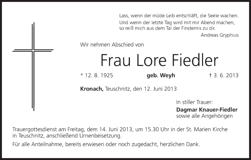  Traueranzeige für Lore Fiedler vom 12.06.2013 aus MGO