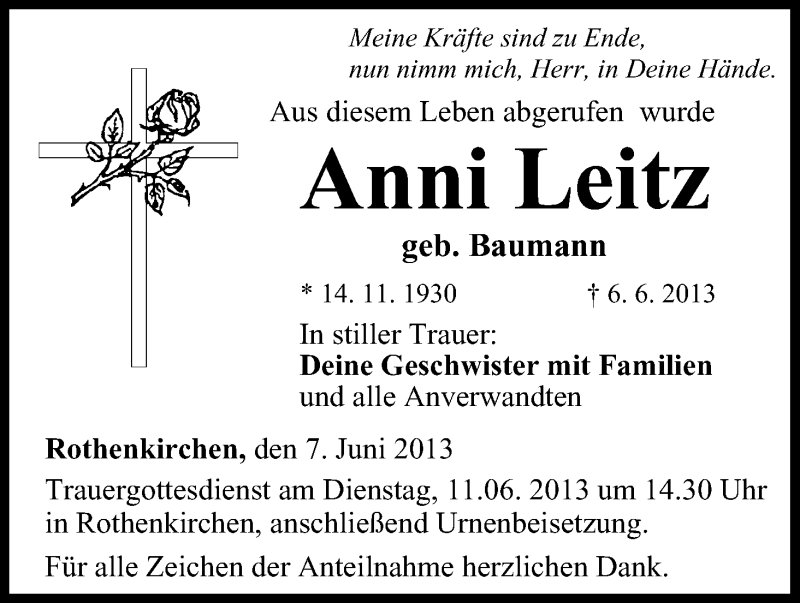  Traueranzeige für Anni Leitz vom 07.06.2013 aus MGO