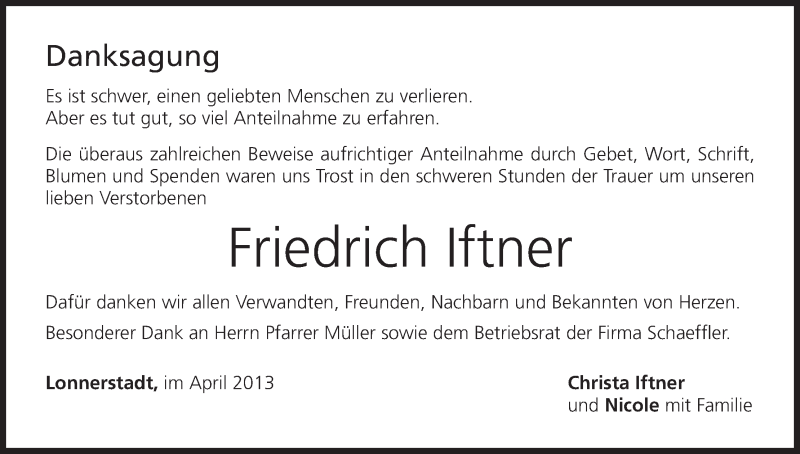  Traueranzeige für Friedrich Iftner vom 08.06.2013 aus MGO