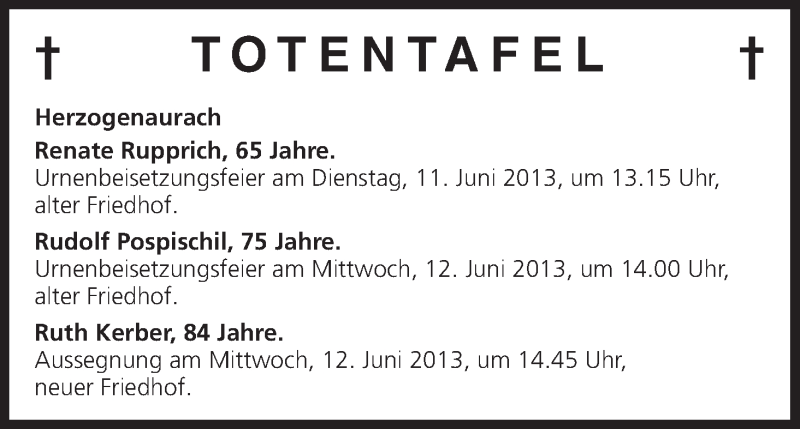  Traueranzeige für Totentafel vom 08.06.2013 vom 08.06.2013 aus MGO