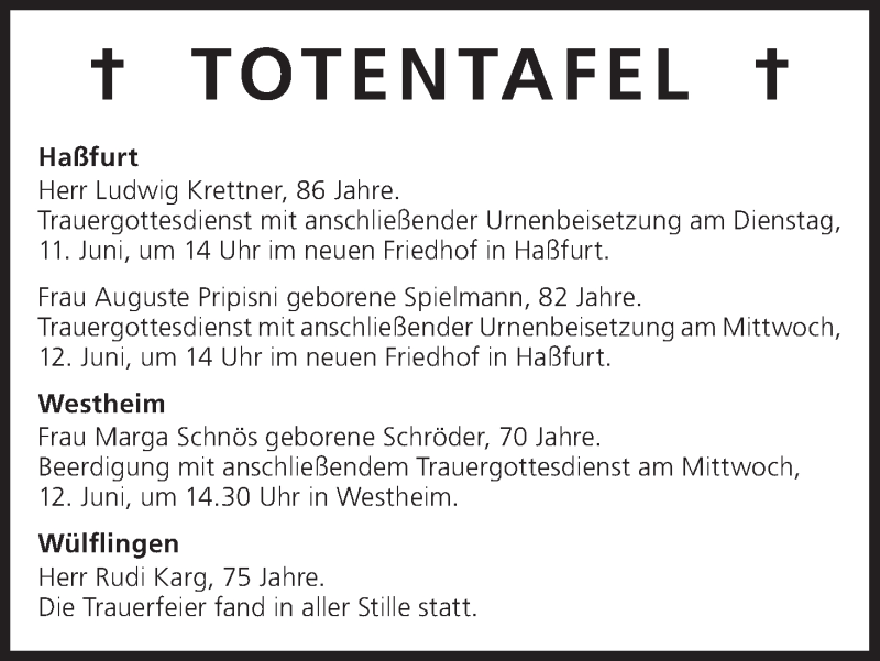  Traueranzeige für Totentafel vom 10.06.2013 vom 10.06.2013 aus MGO