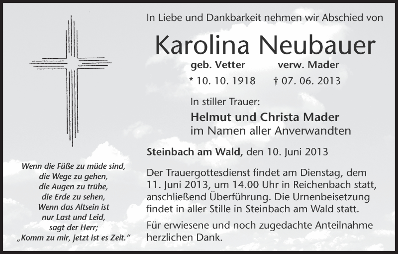  Traueranzeige für Karolina Neubauer vom 10.06.2013 aus MGO
