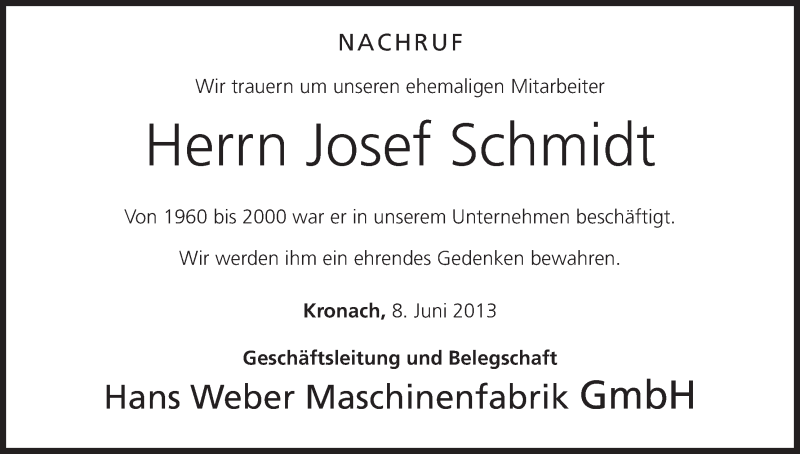  Traueranzeige für Josef Schmidt vom 08.06.2013 aus MGO