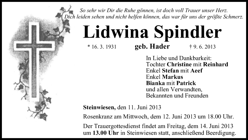  Traueranzeige für Lidwina Spindler vom 11.06.2013 aus MGO