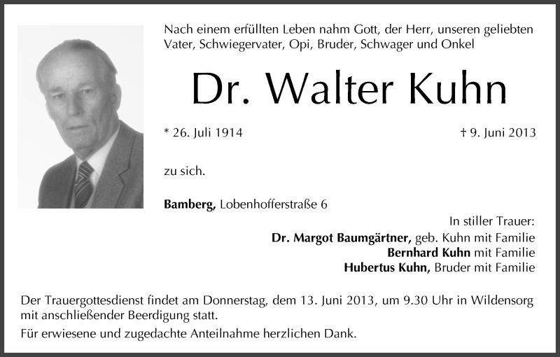  Traueranzeige für Walter Kuhn vom 11.06.2013 aus MGO
