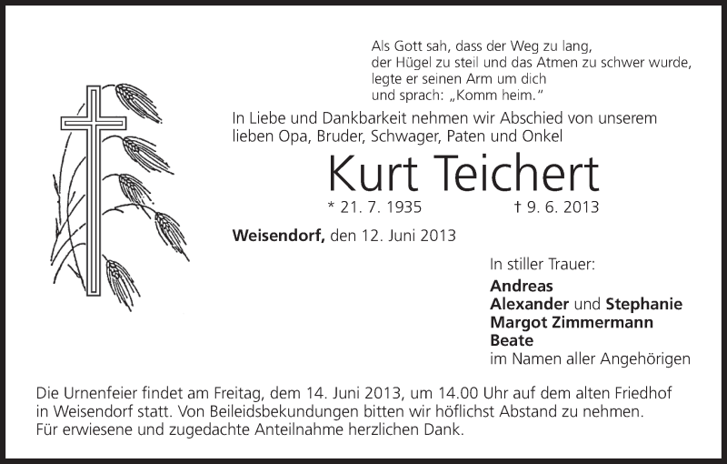  Traueranzeige für Kurt Teichert vom 12.06.2013 aus MGO