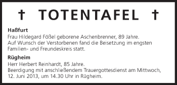Anzeige von Totentafel vom 12.06.2013 von MGO
