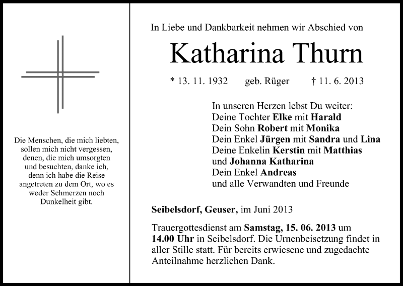 Traueranzeige für Katharina Thurn vom 14.06.2013 aus MGO