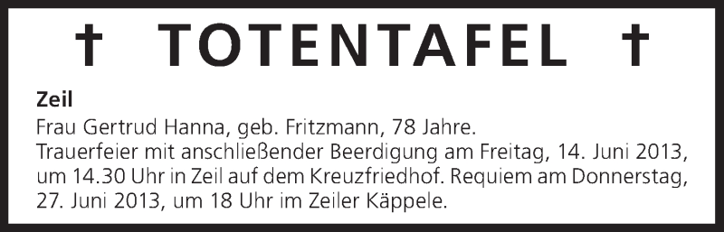  Traueranzeige für Totentafel vom 14.06.2013 vom 14.06.2013 aus MGO