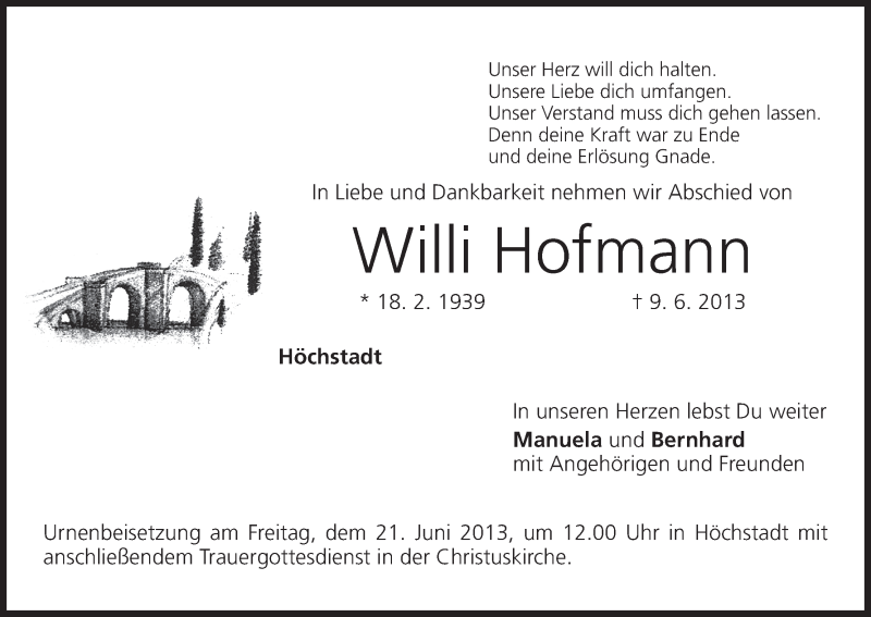  Traueranzeige für Willi Hofmann vom 15.06.2013 aus MGO