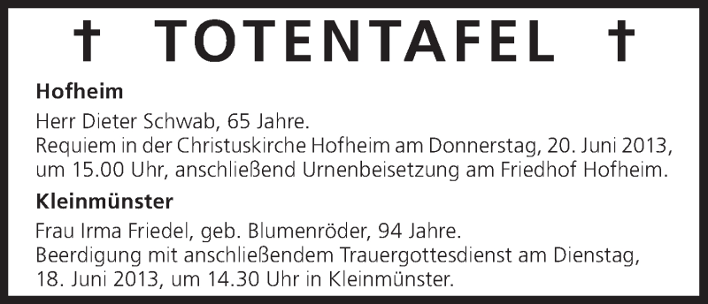  Traueranzeige für Totentafel vom 18.06.2013 vom 18.06.2013 aus MGO