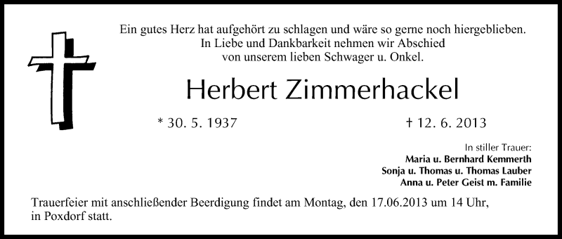  Traueranzeige für Herbert Zimmerhackel vom 15.06.2013 aus MGO