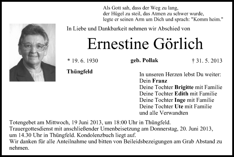  Traueranzeige für Ernestine Görlich vom 18.06.2013 aus MGO